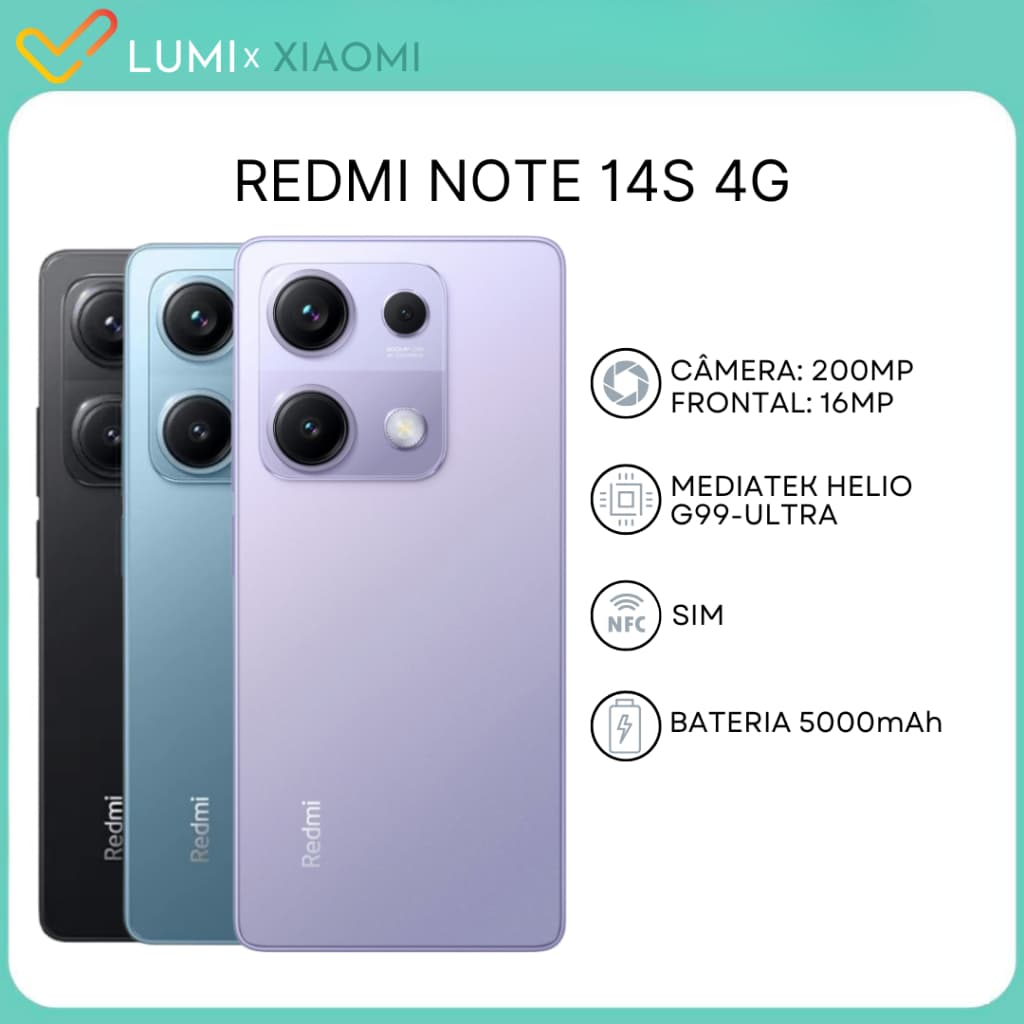 Xiaomi Redmi Note 14S 4G 256GB/8GB RAM, Câmera 200MP, Processador Mediatek Hélio G99-Ultra, Versão Global