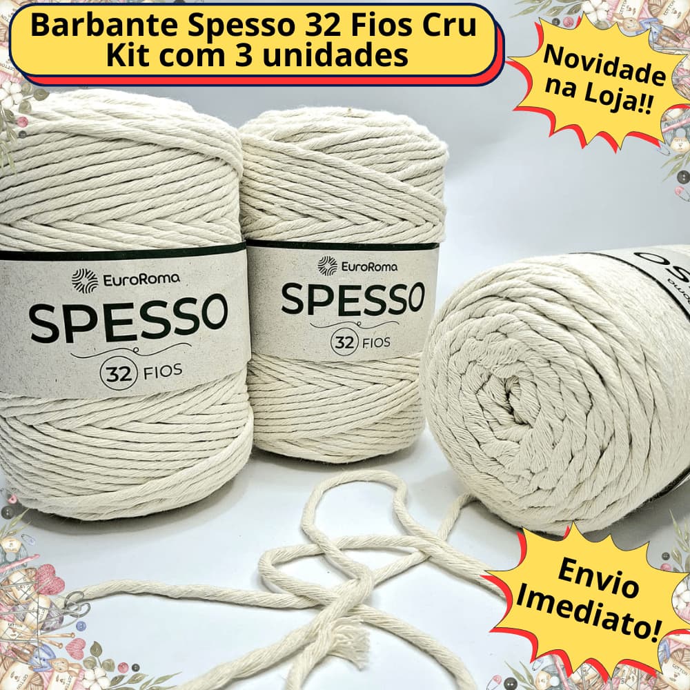 Kit 3 Barbante Spesso 32 Fios Cru 191m Euroroma Fio Grosso para Crochê Macramê e Tricô