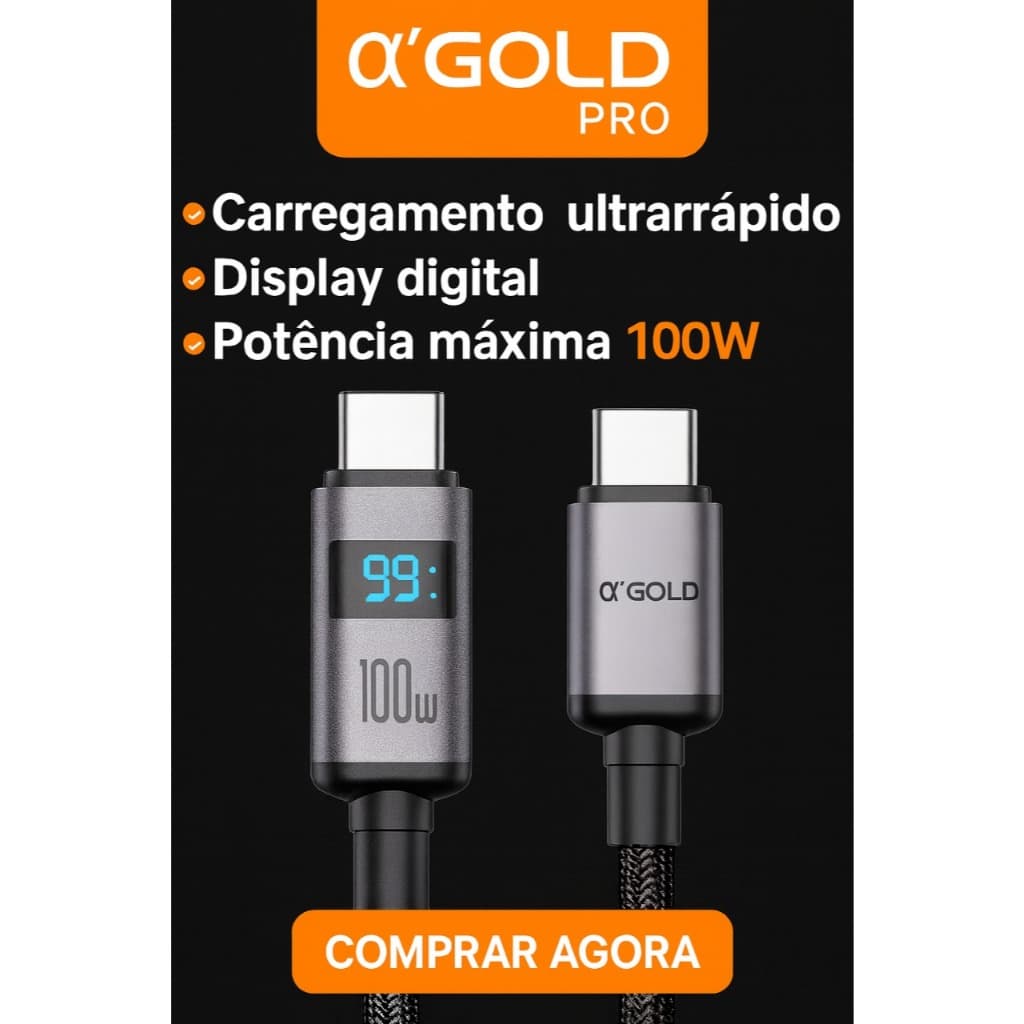 CABO TIPO-C TURBO 100W A'Gold Pro CB134 Turbo Carregamento Ultra Rápido Display Digital