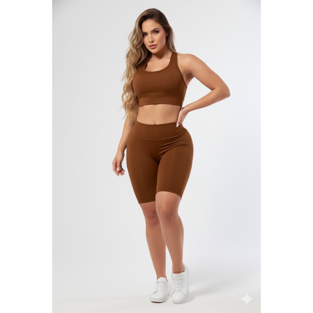 Conjunto Fitness Ciclista Top E Bermuda Cos Alto Roupas Feminina Para Academia Suplex A09