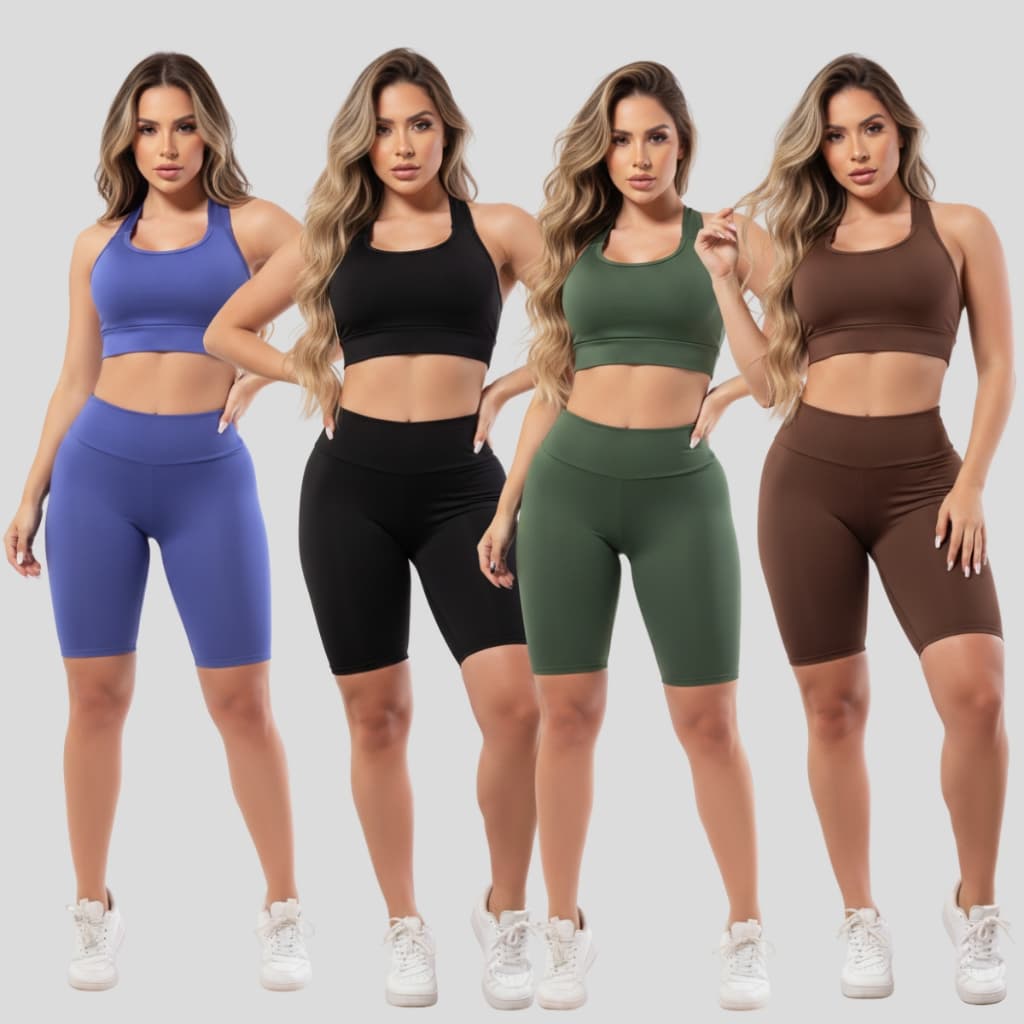 Kit 4 Conjuntos Fitness Bermuda + Top Roupas Femininas Para Academia Revenda Ginástica A09