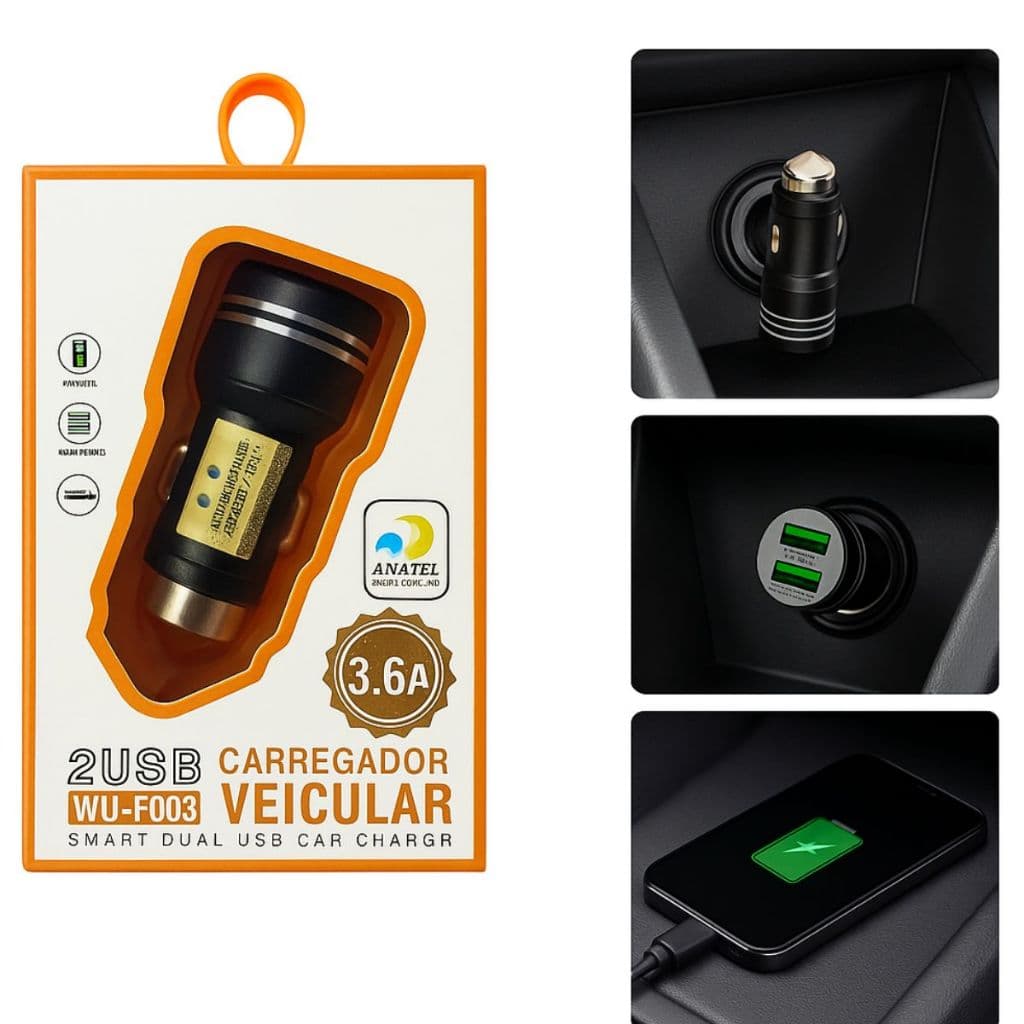 Carregador Veicular USB Duplo 12V 24V 2 Portas Rápido Compacto Para Celular Android iPhone Carro Viagem GPS