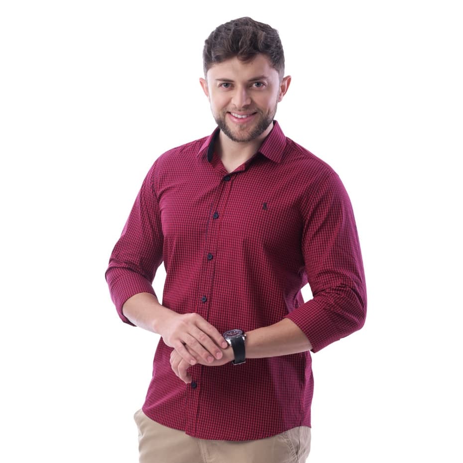 Camisa Social Masculina Micro Xadrez Slim Sem Bolso Elegante