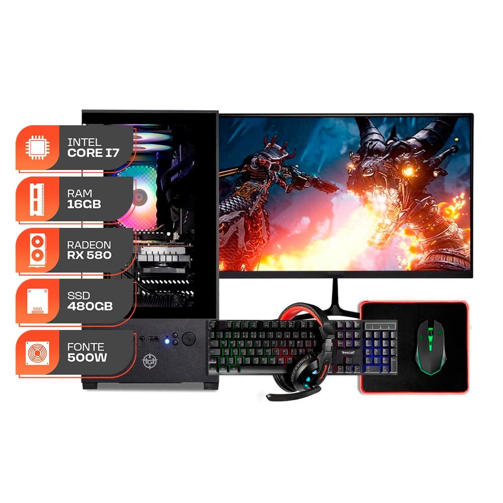 PC Gamer Forge, Intel Core i7, RX 580 8GB, 16GB DE RAM, SSD 480GB, Completo com Monitor e Periféricos