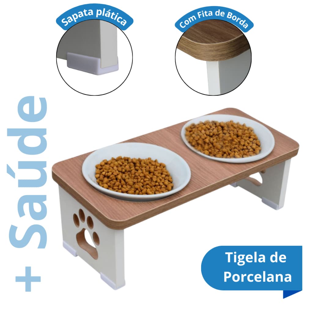 Comedouro Cachorro Duplo Elevado Ergonômico MDF Ração Água Sustentável Pet