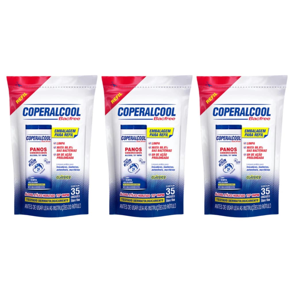 Panos Umedecidos Lenços Coperalcool Bacfree 70°INPM Clássico 35 Panos - Kit 3 Unidades