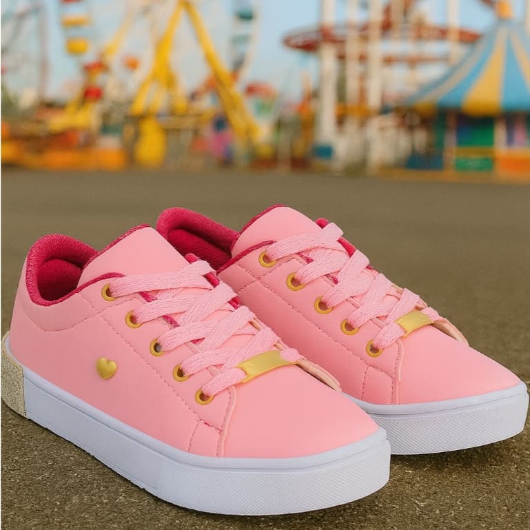 Tênis Infantil Feminino Menina Confortável Casual Confortável Leve Colegial Escolar Coração Gliter Rosa