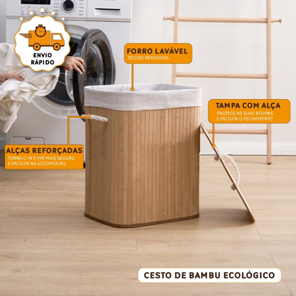 Cesto De Roupas Sujas Retangular Dobrável De Bambu Ecológico Organizador Forrado Banheiro Lavanderia