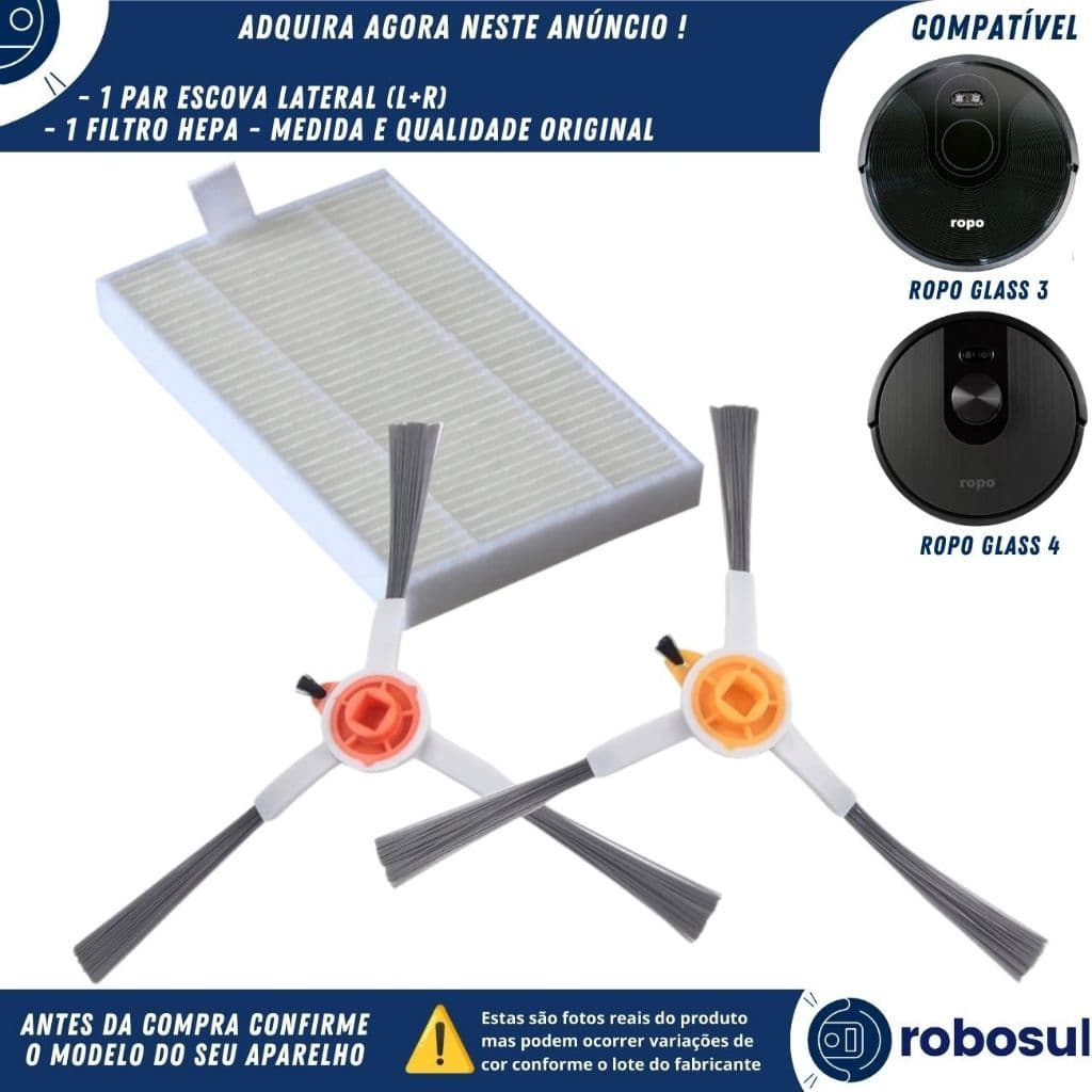Escova Lateral e Filtro Para Robô Aspirador Ropo Glass 3 e Glass 4