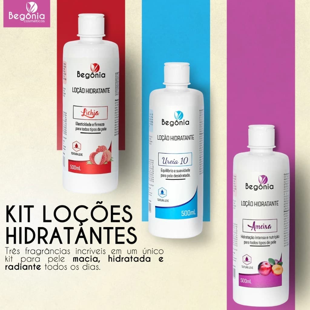 Loção Hidratante Ureia 10 + Loção Hidratante Lichia + Loção Hidratante Ameixa (500ml Begônia )