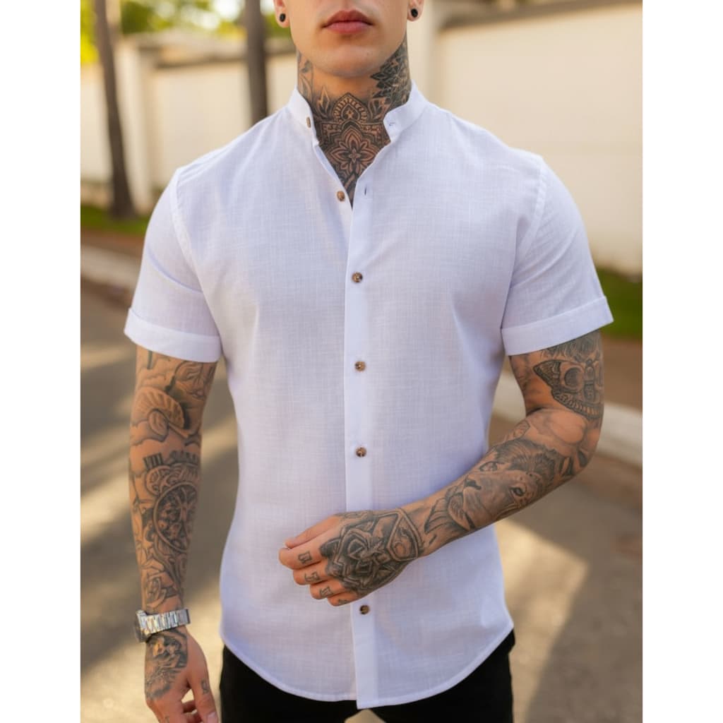 Camisa Social Masculina Manga Curta Gola Padre Slim Moderna Casual Leve Estilo Confortável Promoção