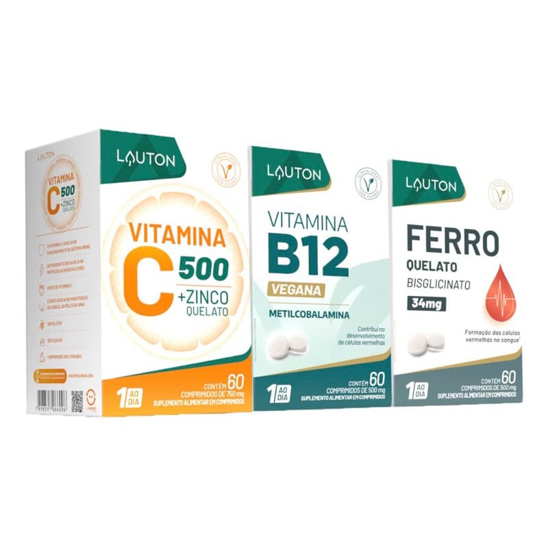Kit Ferro + Vitamina B12 + Vitamina C - 3 Suplementos Lauton + Brinde