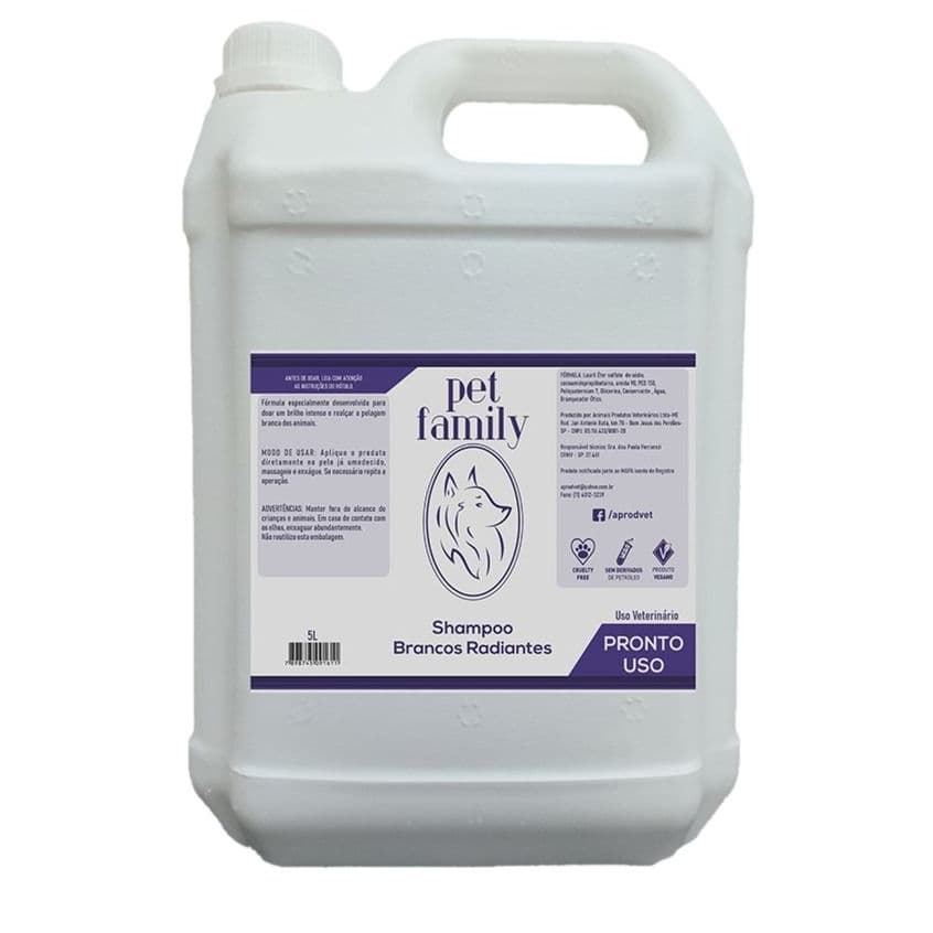 Shampoo Pet Brancos Radiantes Pronto Para Uso Pet Family 5L