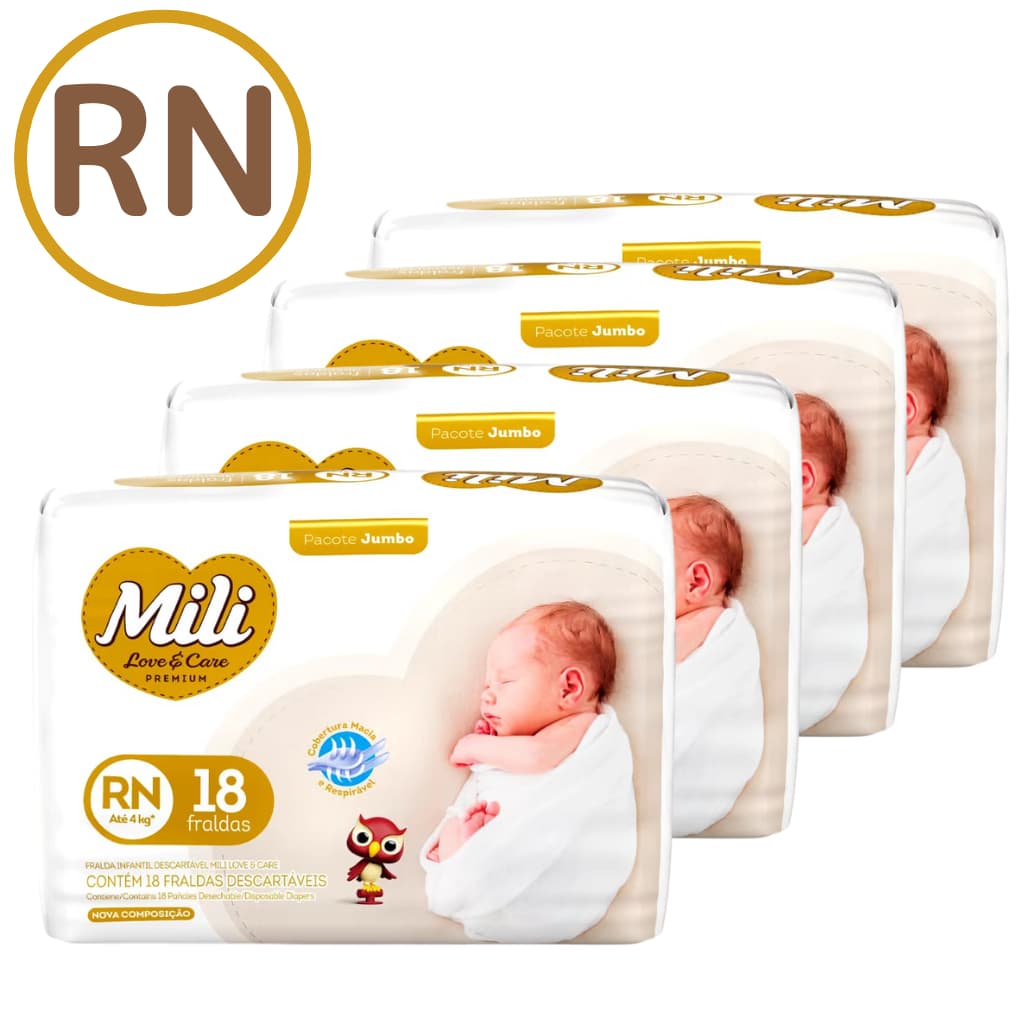 Fralda RN Descartável Mili Love & Care Premium Pacote 1 / 2 / 3 / 4 - 12h de Proteção Promoção