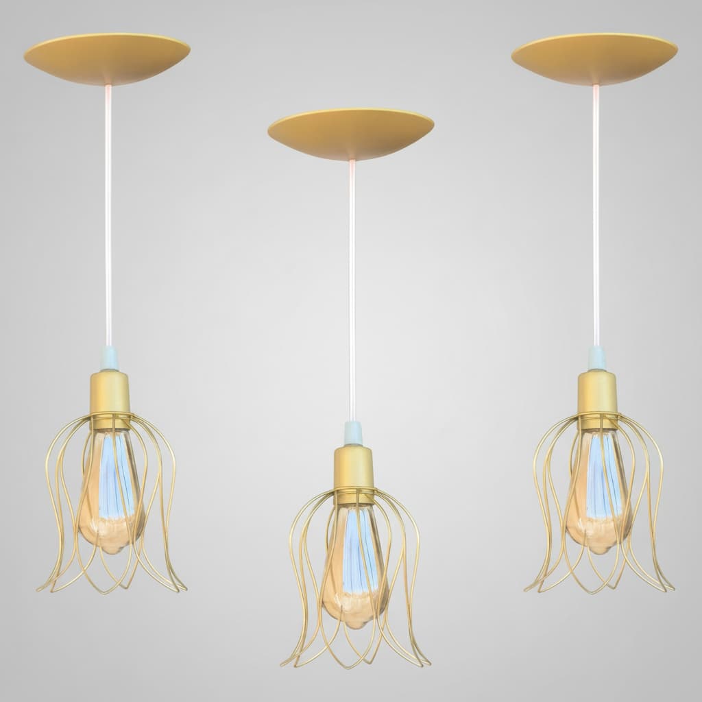 Kit 3 Tulipa Luminária de Teto Aramado Luz com Cabo Cristal Regulável 1 metro