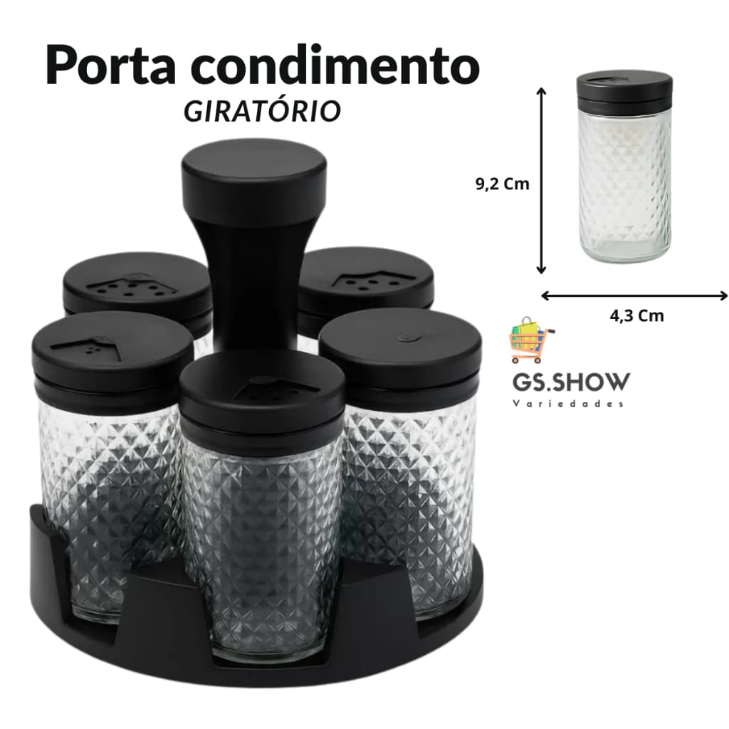 Porta Temperos Condimentos Giratório 6 Potes Vidro Preto Organiza Temperos Base Giratória