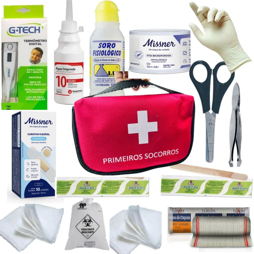 Kit de Primeiros Socorros Médio com Bolsa Termômetro Portátil Prática Viagem Carro Casa Empresa
