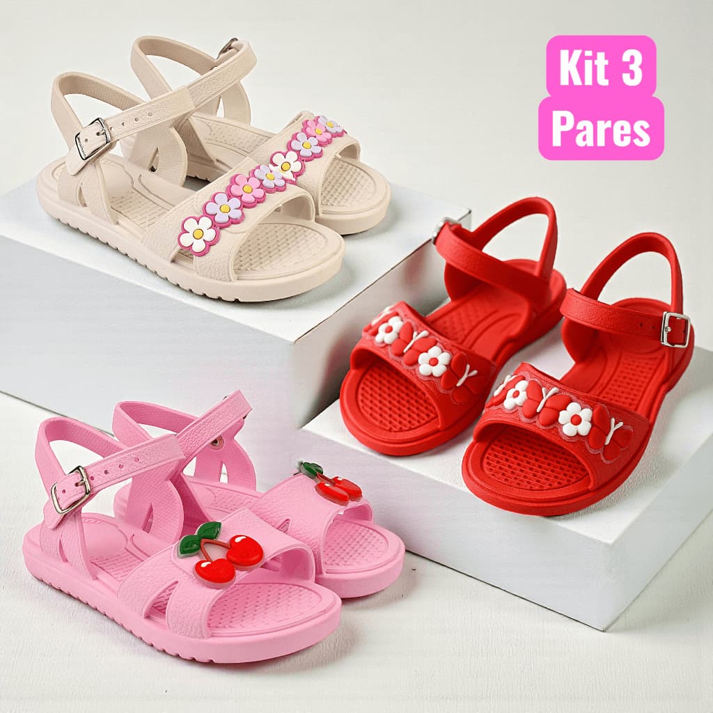 Kit 3 Pares Sandália Infantil Menina Confortável Rasteirinha Kids