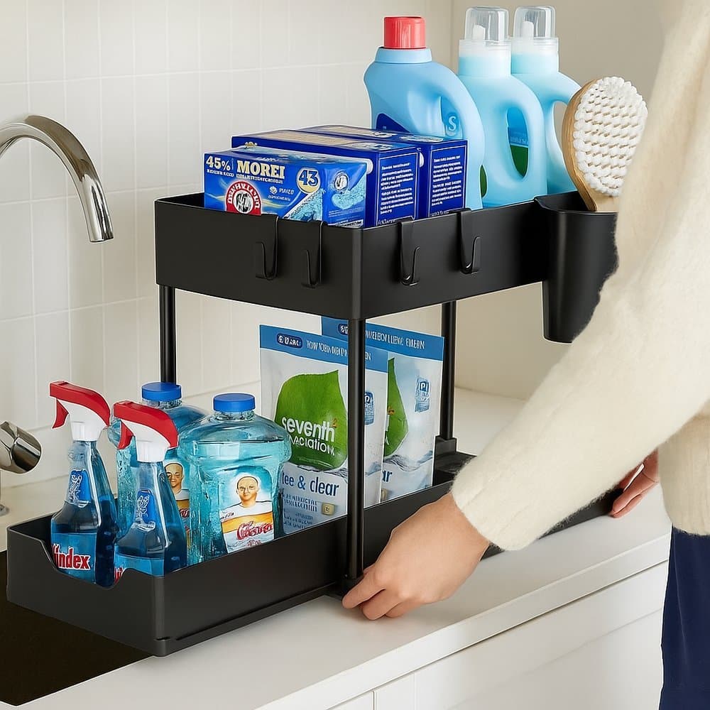 Organizador Multiuso 2 Andares com Bandeja Deslizante Metal Preto para Cozinha Banheiro e Lavanderia