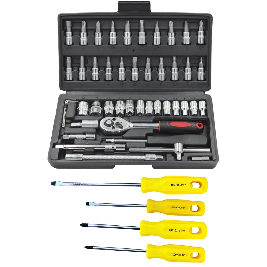 Kit Jogo de Soquetes 46 Peças Com Catraca + 4 Chaves de Fenda e Philips Gadan