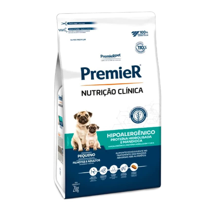 Ração Premier Nutrição Clínica Cães Adultos e Filhotes Pequeno Porte Hipoalergênico Proteína Hidrolisada e Mandioca 2kg