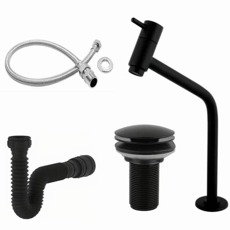 Torneira Link ABS Preta + Válvula Click ABS Preta + Sifão Preto + Engate 40cm – Kit Completo para Pia
