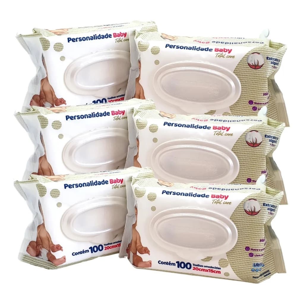 Kit 5 Pcts Personalidade Baby 100 Toalhas Umedecidas Cada - 500 total