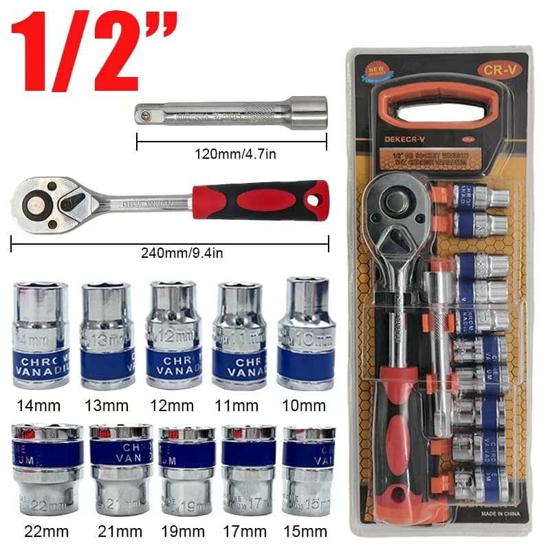 Jogo Soquetes 1/2" 10 11 12 13 14 15 17 19 21 22mm Catraca CR-V Profissional Auto e Moto AL-106