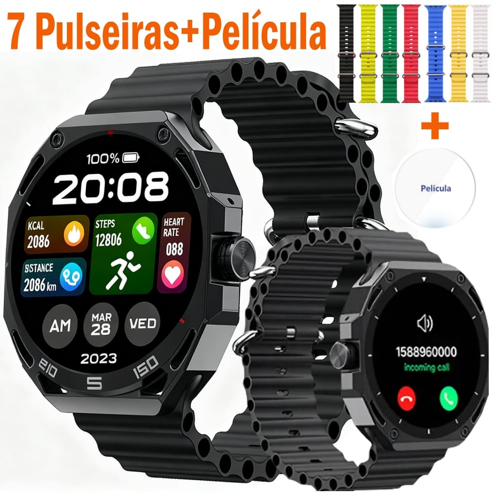 (7 Braceletes) Smartwatch ULTRA 3 MAX Amoled Redondo Relógio Inteligente Amoled com NFC ChatGPT GPS Amoled