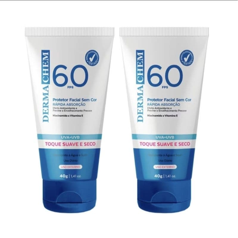 Protetor Solar Facial DermaChem FPS 60 – Toque Seco, Rápida Absorção, Resistente à Água, Uso Diário – 40g