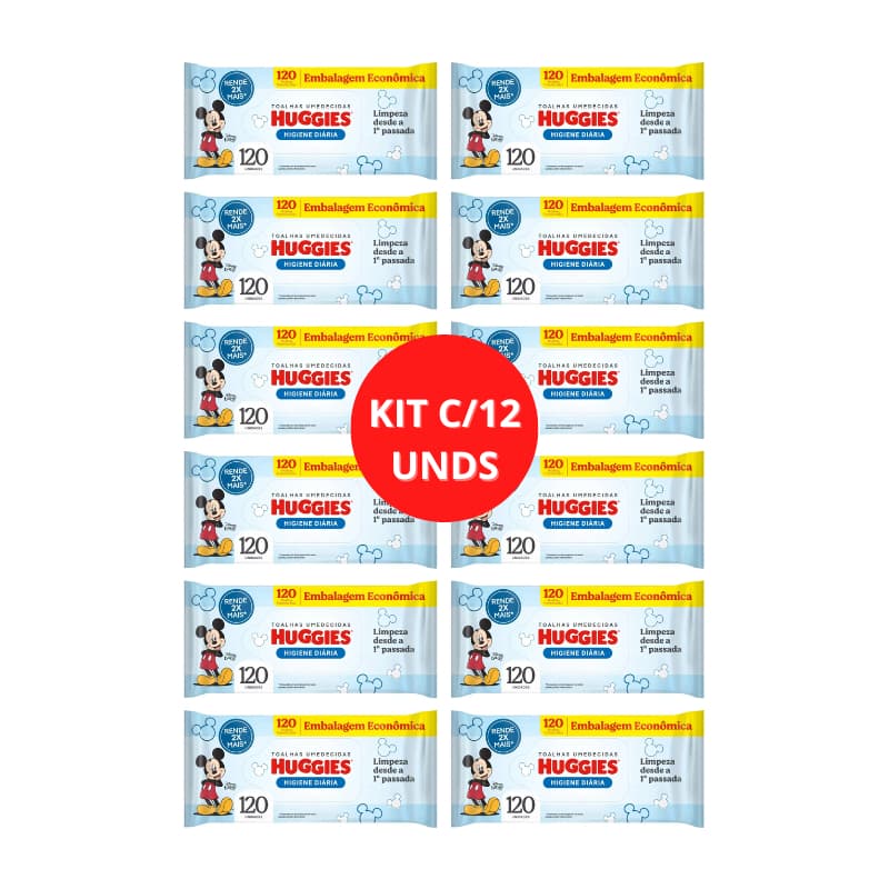Kit C/12 Toalhas Umedecidas Huggies tripla proteção Higiene diária 120un cada