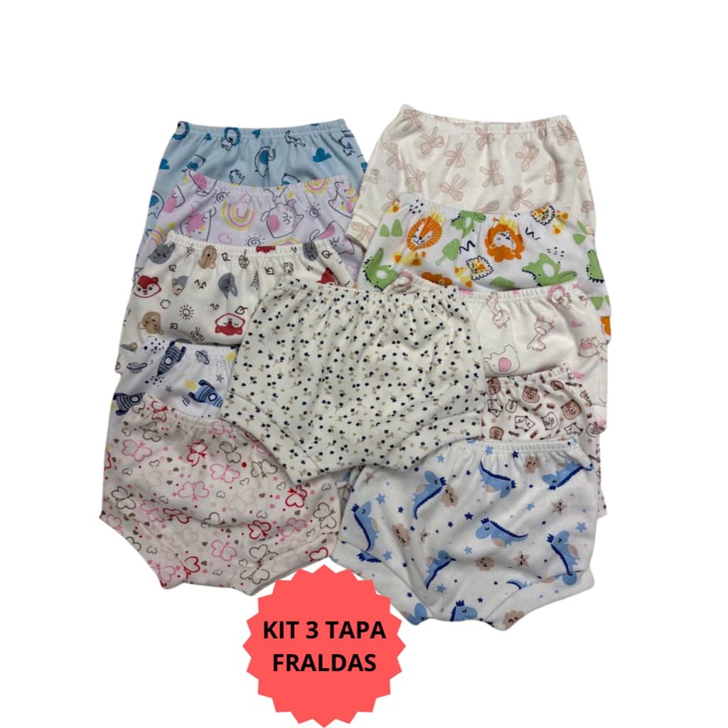 Kit 3 Tapa Fraldas para Bebê Tecido Leve Várias Estampas e Tamanho P ao GG Ideal para o Calor
