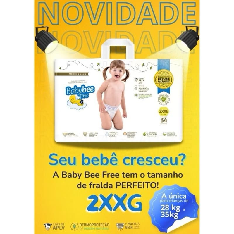 Fralda Baby Bee Free Premium Dermoprotetora 2xxg 34un Proteção Natural 54un