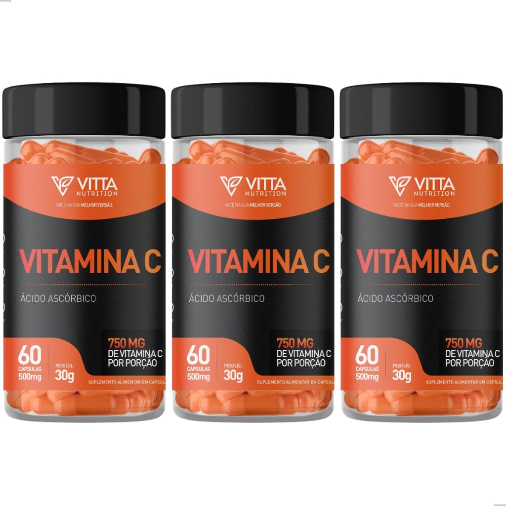 Vitamina C Kit 3 Unidades Suplemento De Vitamina C Puro E Concentrado 60 Cápsulas 500mg