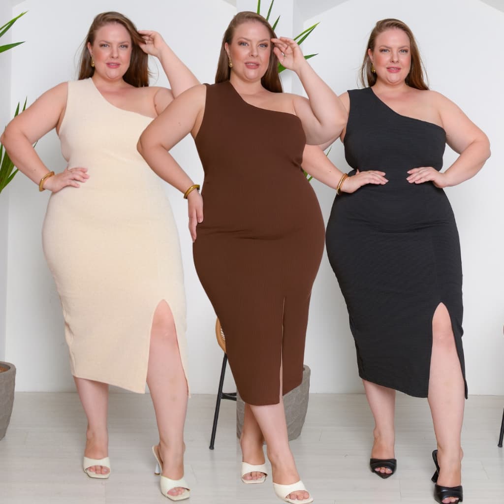 Vestido Feminino Anarruga Mid Fenda Modelador Plus Size Elegante
