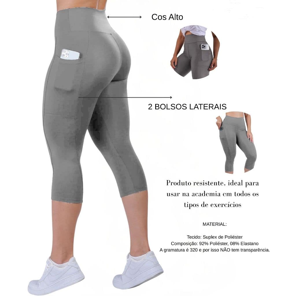 Calça Corsário Básico Com Bolso Academia Fitness Cos Alto