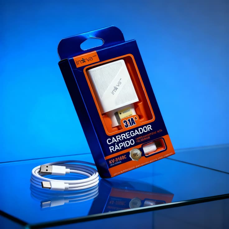 Carregador Turbo Inova 3.1A Inteligente 2 USB + Cabo Tipo-C | Carregamento Rápido