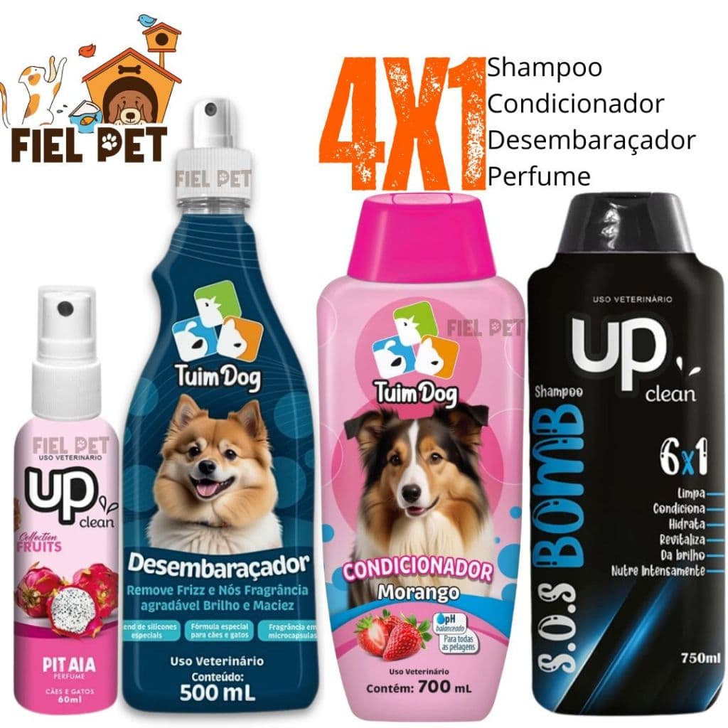 Kit para Cachorro Cães Desembaraçador Pet + Perfume Loção Pitaia + Condicionador + Shampoo Pet SOS BOMB 6 EM 1 UP Clean