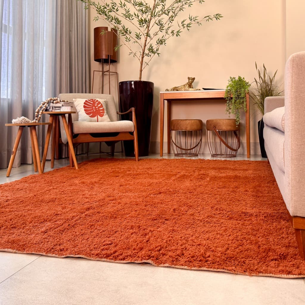Tapete Peludo Terracota 300x200 Macio Grande Sala e Quarto Antiderrapante Decoração Moderna