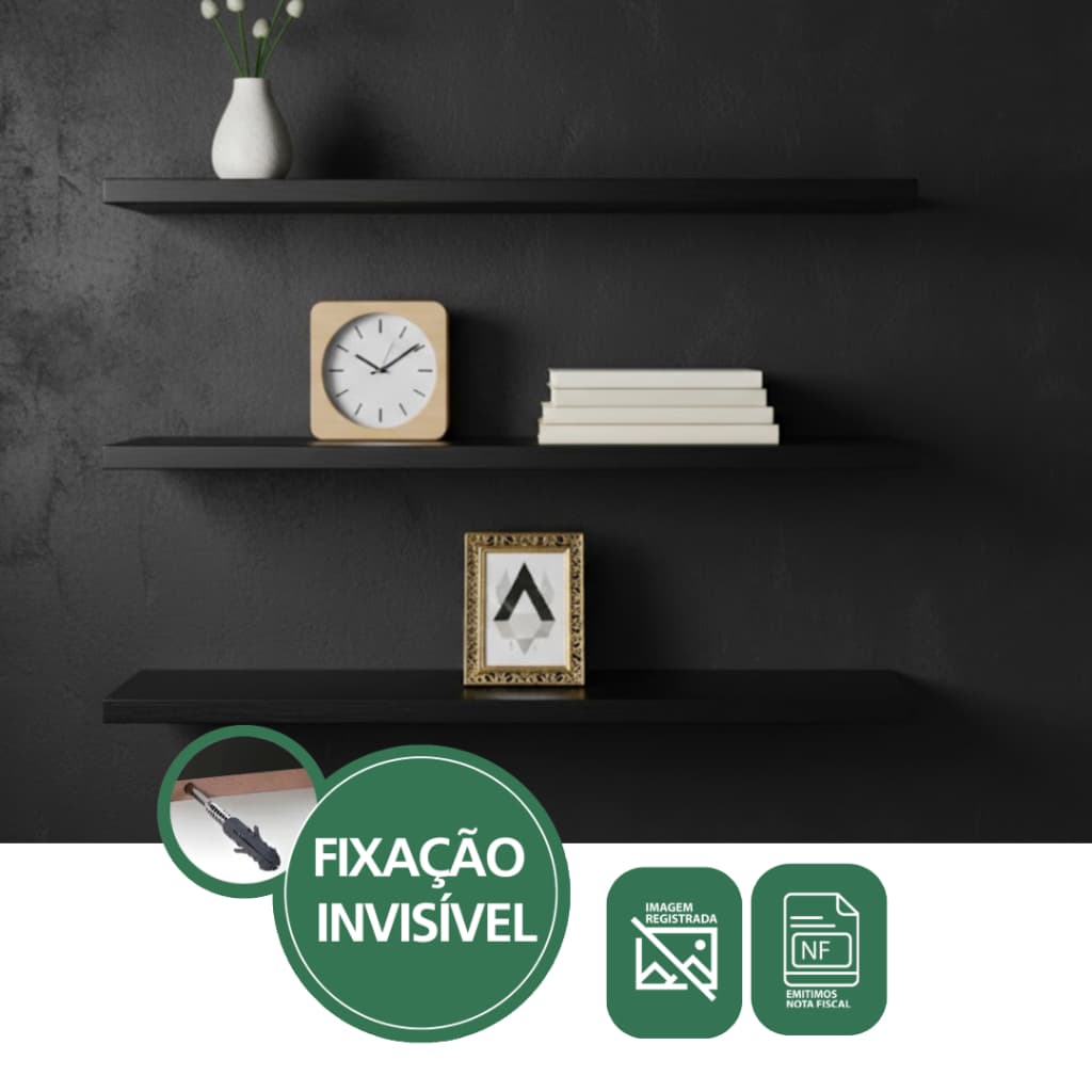 3 Prateleira de Parede Invisível Preta Minimalista Suporte MDF Prateleira Flutuante