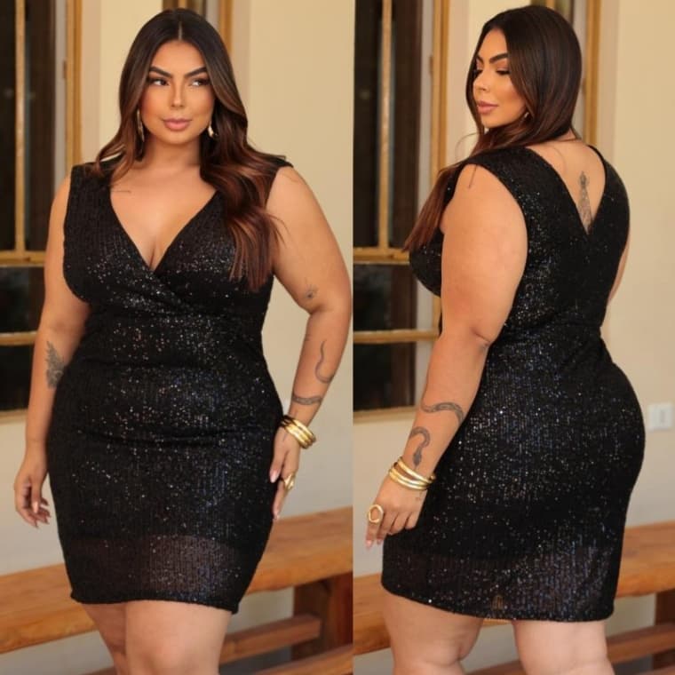Vestido Paetê Feminino Plus Size Forrado  Elegante para Festa atemporal blackfriday*