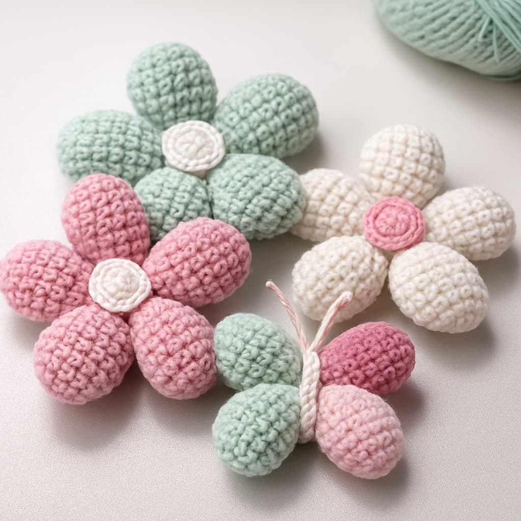 Kit Flores + Borboletas de Crochê Amigurumi | Kit com 4 - Aplique Decorativo para Guirlanda, Lembrancinha, Chaveiro