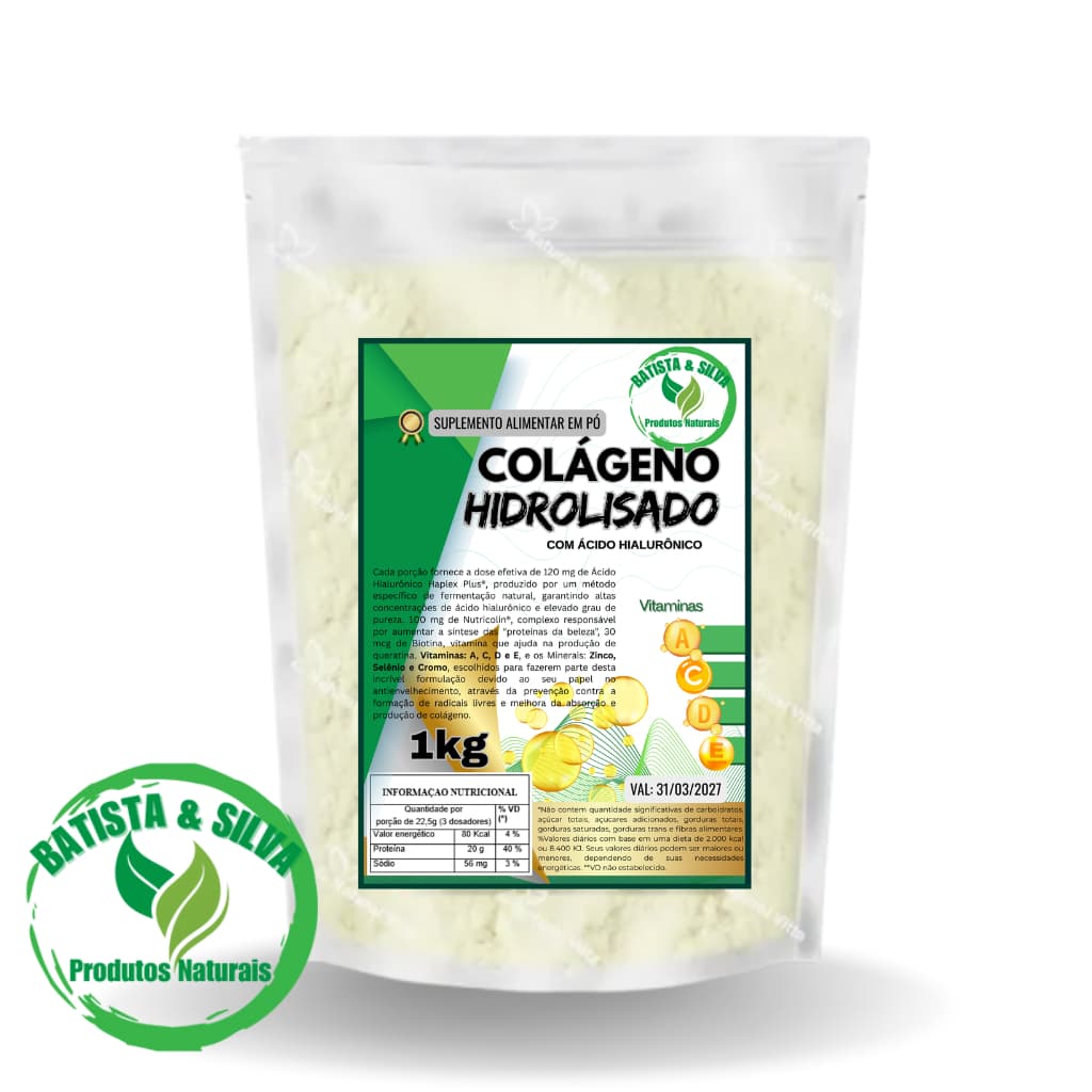 Colágeno Hidrolisado 1kg - Suplemento alimentar Rico em Vitaminas A, C, D, E