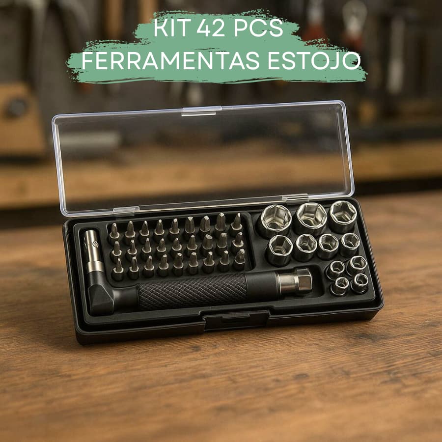 Kit Ferramentas 42 Peças com Chave Articulada + Bits e Soquetes  Compacto e Completo Portatil Estojo