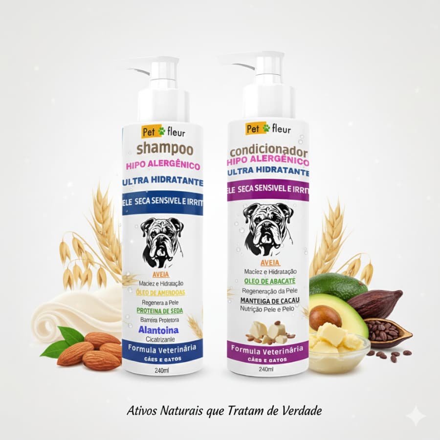 Shampoo e Condicionador Hipoalergênico – Dermatite Atópica • Ultra Hidratante com Aveia, Amêndoas Alantoina Cães e Gatos