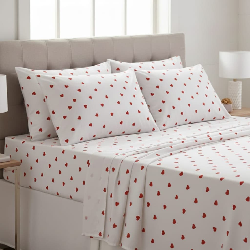 Jogo De Cama Estampa Coração Vermelho Macio Algodão C/ Elástico Solteiro Casal Queen