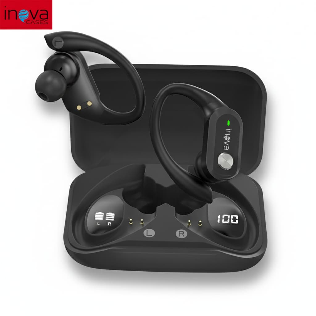 INOVA Fone de Ouvido Bluetooth Sem Fio Aberto Esportivo com Gancho 38h Bateria Display LED Cancelamento de Ruído