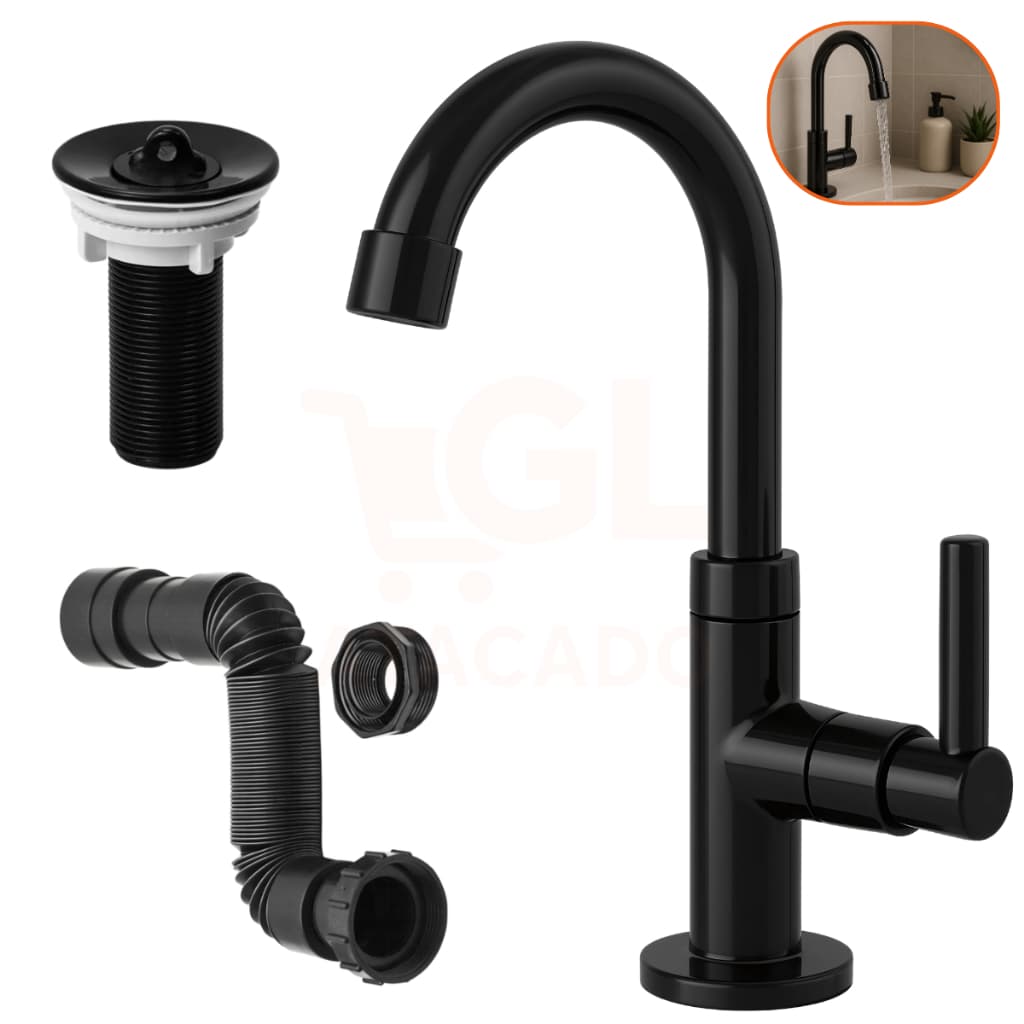 Kit Torneira ABS Preta + Sifão Flexível + Válvula Abs Preta – Conjunto Completo para Lavatório