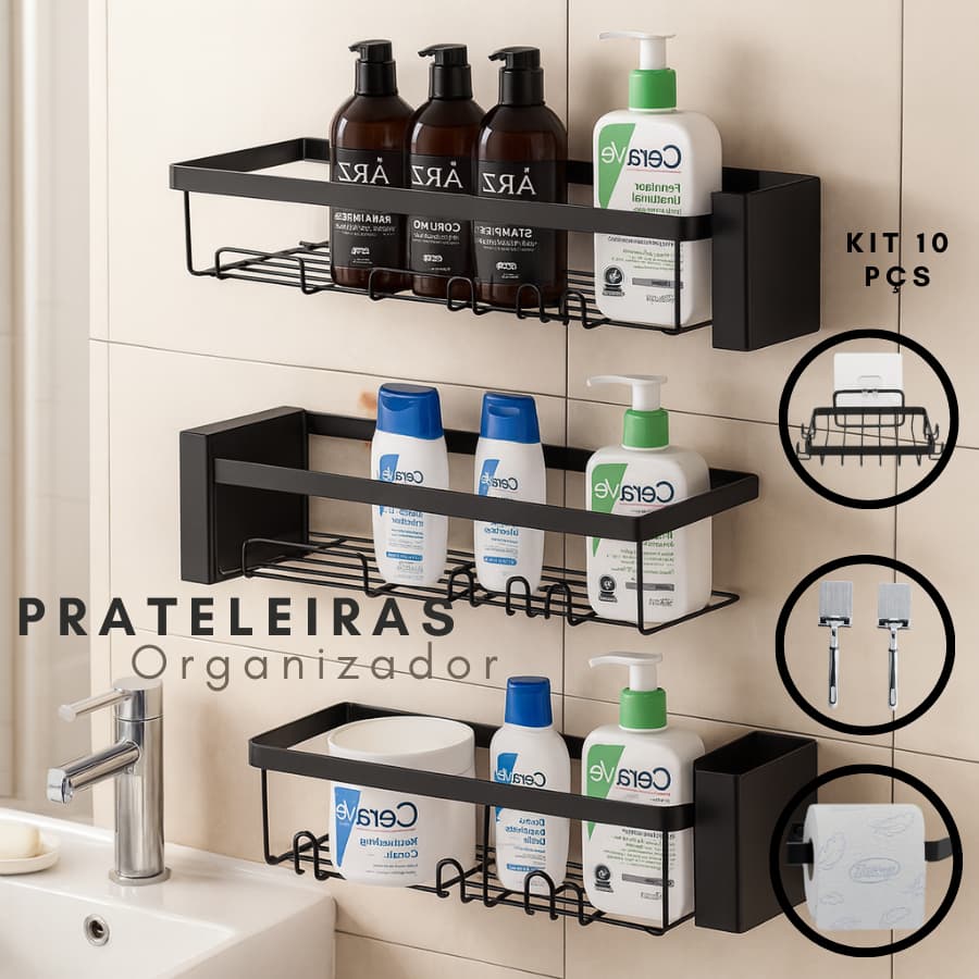 Kit Suporte De Banheiro Rack Organizador Premium Alta Qualidade Prateleiras Sem Furo Para Parede