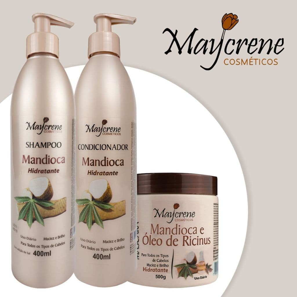 Kit Mandioca Hidratante Maycrene Com Válvula - Shampoo 400ml + Condicionador 400ml + Máscara 500g